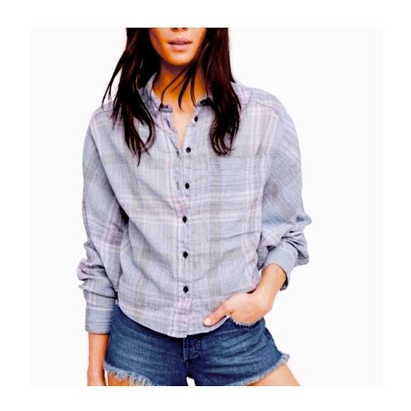 Free People Cropped Cutie Plaid Flannel Batwing Dolman Button Front Shirt - Picture 1 of 10